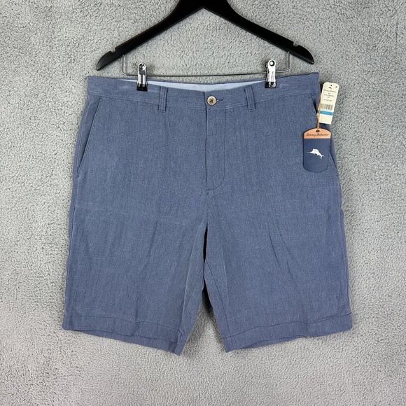 Tommy Bahama Shorts Mens 36 Blue Havana Herringbone Silk Blend Flat Front T9592